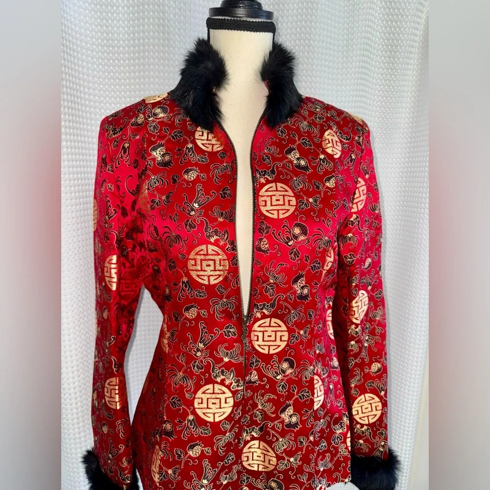 Chinese Silk Blend Jacket Rabbit Fur Collar Red Tailored blazer sz L /US Small - Picture 8 of 14